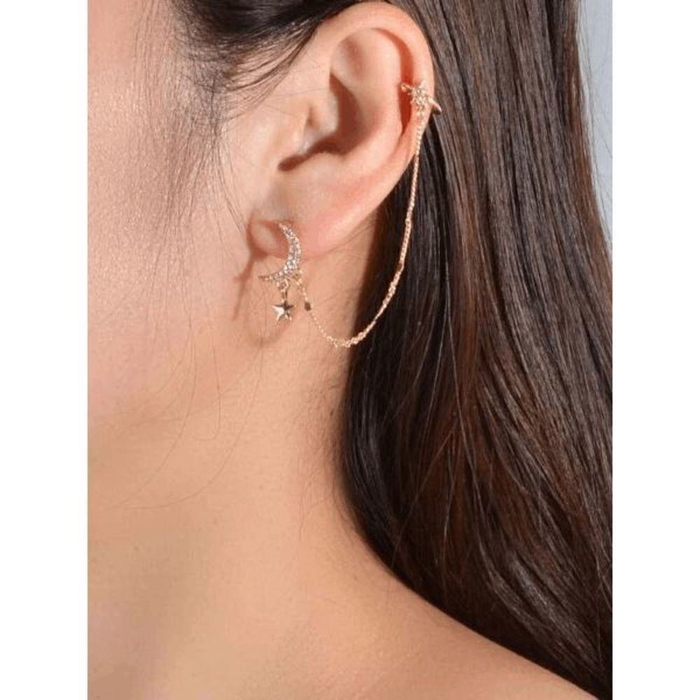 GOLD DIAMOND MOON AND STAR CHAIN EAR CUFF